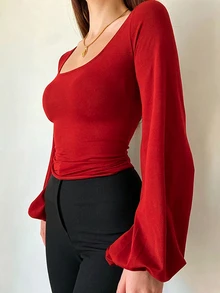 INAWLY Women's Plus Size Square Neck Lantern Sleeve Long Sleeve Sexy Fitted Top T-Shirt - Red - View 5