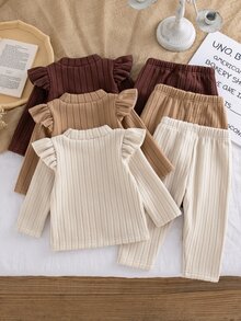 3-Piece Set Girls' Spring/Autumn Back To School Outfit, Cream/Light Brown/Reddish Brown, Soft Korean Sweet Style Composite Plush Fabric, Vertical Ribbed Elastic Ribbed Solid Color 3D Flower Pattern, Semi-High Neck Flutter Sleeve Long Sleeve Top And Long Pants Two Pieces Set, Suitable For Back To School, Outings, Daily Wear, Girls' Outfit - Multicolor - View 2
