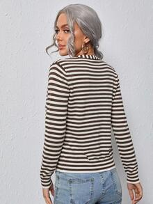 SHEIN LUNE 女款秋冬條紋拼色鈕扣長袖針織開襟衫 - 彩色 - 查看 6