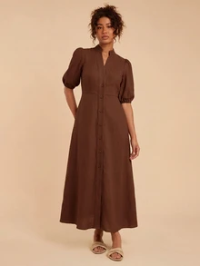 Travachic Women's Solid Color Short Petal Sleeve Single-Breasted Elegant Casual Dress - Brown - View 7