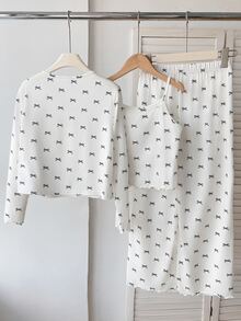 SHEIN Tween女孩秋冬休閒居家服3件套，夾克、背心與長褲，甜美黑白蝴蝶結印花兒童家居服套裝，女孩居家服，適合四季穿著 - 白色 - 查看 2