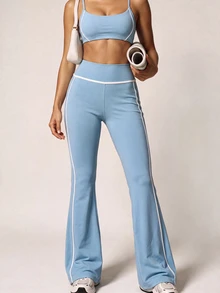 SHEIN BAE Women Light Blue High Waist Flare Leggings Tummy Control Gym Workout Training Running Yoga Athletic Pants - Baby Blue - View 2