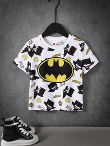 BATMAN X SHEIN 小男孩卡通圖案印花圓領短袖T恤，適合日常穿著 - 白色 - 查看 3