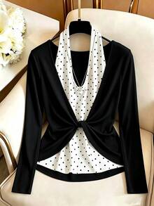 GlowEve CURVE Plus Size Elegant Casual Polka Dot Halter Neck Long Sleeve T-Shirt, Autumn/Winter Fall - Black - View 1