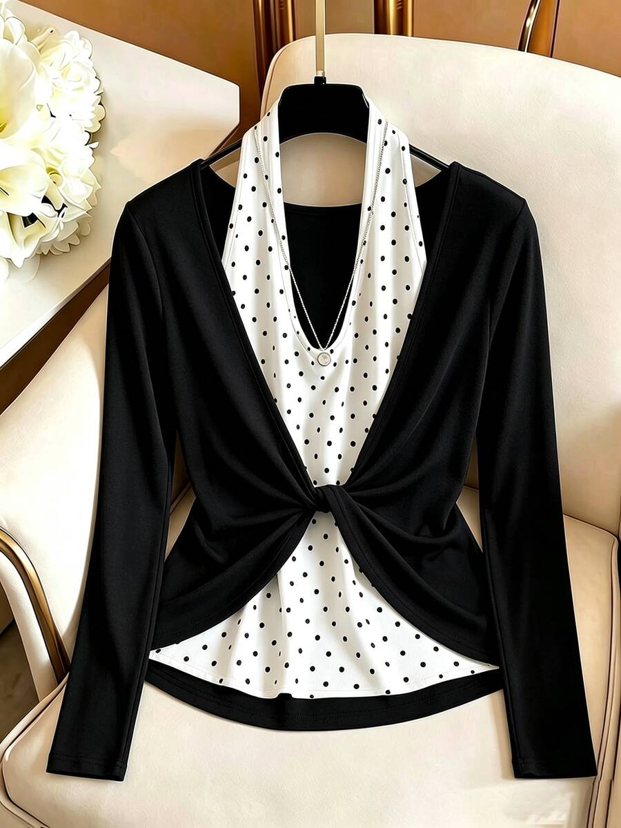 GlowEve CURVE Plus Size Elegant Casual Polka Dot Halter Neck Long Sleeve T-Shirt, Autumn/Winter Fall - Black - View 1