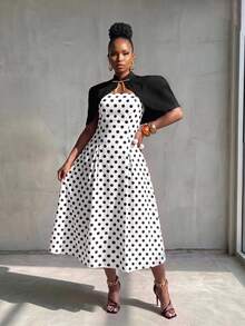 BamGlimmer Elegant Cape Polka Dot Print Dress 2 Pieces Set - Multicolor - View 8