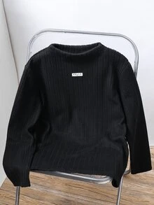 SHEIN Tween Boy Patch Design Kids Crew Neck Long Sleeve Casual T-Winter Shirt - Black - View 3