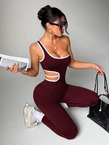 Dewbera Dewbera Women's One-Shoulder Side Waist Cutout Design Sports Jumpsuit - Red - View 3