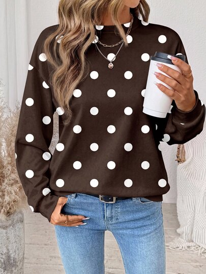 SHEIN LUNE Women's Polka Dot Casual Versatile Daily Wear Long Sleeve Sweatshirt