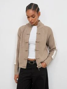 Maija Beige New Chinese Style Frog Button Striped Sporty Knit Cardigan Urban Autumn - Khaki - View 7