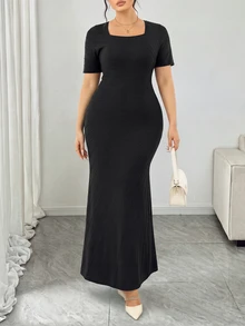 Modelyn Gaun Rajut Model Duyung Warna Polos Elegan Ukuran Plus - Hitam - View 3