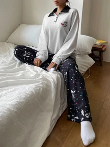 TOM AND JERRY X DAZY Women's Autumn/Winter Cartoon & Letter Print Colorblock Patchwork Top And Patterned Pajama Pants Sleepwear Set - Grey - View 4