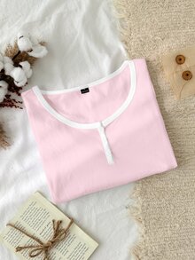 Tseoso 女款棉感粉白配色 95%棉半排扣 T-shirt，百搭四季居家服，優雅休閒時尚日常秋季款 - 彩色 - 查看 6