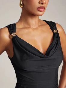 Hauture Women's Basic Casual Office Ruched Shoulder With Gold Decor Cowl Neck Top - Multicolor - View 3