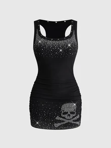 ROMWE Grunge Punk 女款復古性感中性街頭風百搭眼星空印花五角星鉚釘修身迷你洋裝 - 黑色 - 查看 1