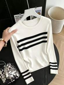 Resyla Women's Striped Regular Round Neck Fitted Long Sleeve Sweater - Black and White - View 1