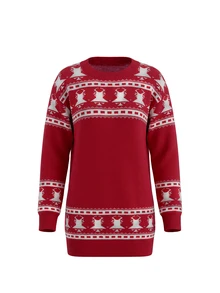Balvessa Christmas Vibe Geometric Bell Jacquard Round Neck Drop Shoulder 3/4 Sleeve Ribbed Hem Short Mini Sweater Dress For Women - Multicolor - View 5