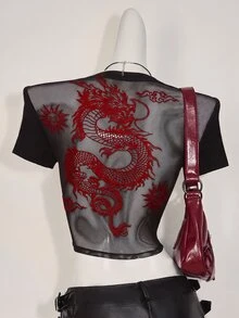 SHEIN ICON Spring/Summer Printed Short Sleeve T-Shirt, Blending Grunge Style With Fashionable Sexy Elements, Featuring Dragon Print And Flocked Mesh Patchwork Design, Suitable For Casual Outfits - Red and Black - View 1
