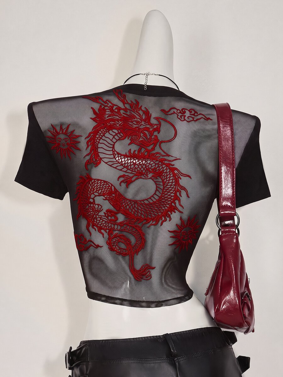 SHEIN ICON Spring/Summer Printed Short Sleeve T-Shirt, Blending Grunge Style With Fashionable Sexy Elements, Featuring Dragon Print And Flocked Mesh Patchwork Design, Suitable For Casual Outfits - Red and Black - View 1