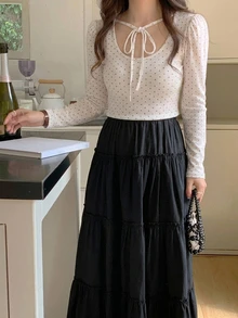 DAZY 女款圓領波點前綁帶短袖T恤 秋季 - 白色 - 查看 3