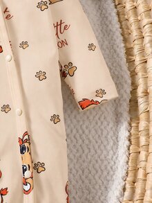 SHEIN 2件組新生兒中性長袖卡通獅子印花連身衣，適合春夏秋冬日常穿著 - 杏色 - 查看 3