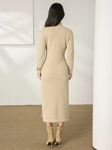 Heiryn Women's Solid Color Stand Collar Casual Daily Summer Knit Dress - Khaki - View 6