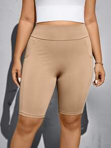 Shapeblank Plus Size Solid Color Butt-Lifting Waist-Cinching Pocket Tight-Fitting Shorts - Khaki - View 7
