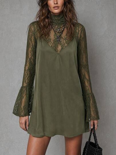 Solivie Damen Spitze T-Shirt + Camisole Kleid 2-teiliges Set, romantischer Vintage-Stil, Herbst Modeartikel