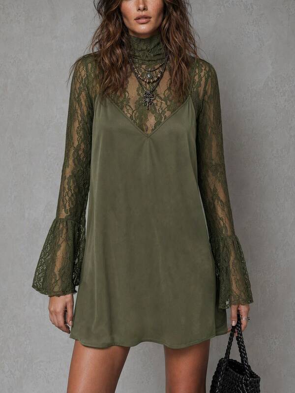 Solivie Women's Lace T-Shirt + Camisole Dress 2 Pieces Set, Romantic Vintage, Autumn Fashion Item  Fall Clothes For Women Elegant Dressresort Peasant Dress