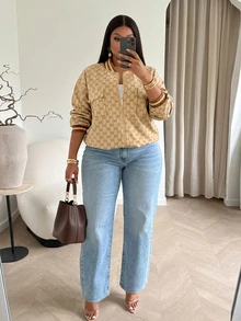 SOLERSUN Plus Size Women's Printed Baseball Jacket Short Zip-Up Jacket With Pocket Design Vintage Top Fall - Khaki - View 4