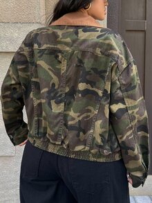 Rivivi Plus Size Women's Camouflage Lapel Casual Versatile Everyday Denim Jacket - Multicolor - View 2