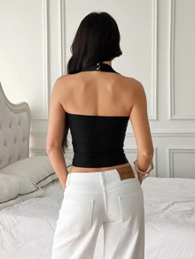 SHEIN PETITE Atasan Kasual Wanita Model Halter Neck, Gaya Serbaguna - Hitam - View 2