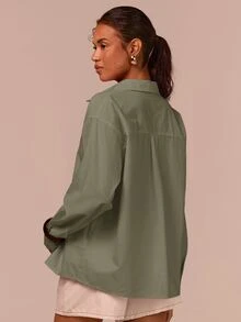 COSMINA Women's Casual Solid Color Front Button-Down Drop Shoulder Shirt, Autumn Style, Long Sleeve Shirt, Elegant Women's Shirt, Basic Versatile Shirt, Pink Shirt, Suitable For Office Wear, Daily Outfit, Loose Fit Shirt, Valentine's Day Shirt, Casual Shirt - Khaki - View 4