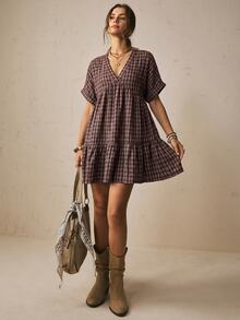 Freevana Plaid Batwing Sleeve Ruffle Hem Loose Dress, Beach Dress, Vacation Bohemian Style, Summer Dresses - Coffee Brown - View 4