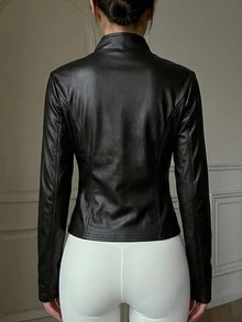 DAZY Women's Solid Color PU Leather Zipper Front Jacket, Spring Fall - Black - View 2
