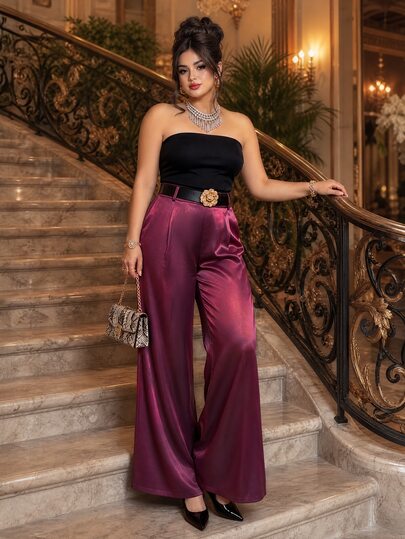 Roveilla Plus Size Dames Hoge Taille Geplooide Drapeer Zijdeachtige Glanzende Vloerlange Wijde Pijpen Broek Slankmakende Elegante Pakbroek