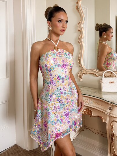 SHEIN Glamour Colorful Floral Sequin Spaghetti Strap Short Dress With Metal Ring Decor And Back Tie Hem, Vacation Style Spaghetti Strap Dress For Women, Summer Outfit, Holiday Outfit, Elegant Party Dress, Beach Dress, Birthday Dress, Women's Elegant Dress, Holiday Dress