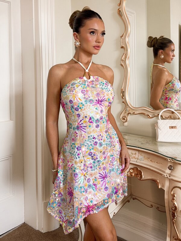 SHEIN Glamour Colorful Floral Sequin Spaghetti Strap Short Dress With Metal Ring Decor And Back Tie Hem, Vacation Style Spaghetti Strap Dress For Women, Summer Outfit, Holiday Outfit, Elegant Party Dress, Beach Dress, Birthday Dress, Women's Elegant Dress, Holiday Dress