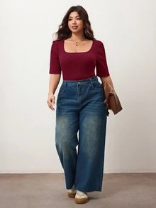 Enliva Plus Size Women's High Elasticity Slim Fit Square Neck Short Sleeve T-Shirt, Skin-Friendly Spring/Summer Style, Flattering For Round Body Shape (Suitable For Apple-Shaped Body) - Burgundy - View 8
