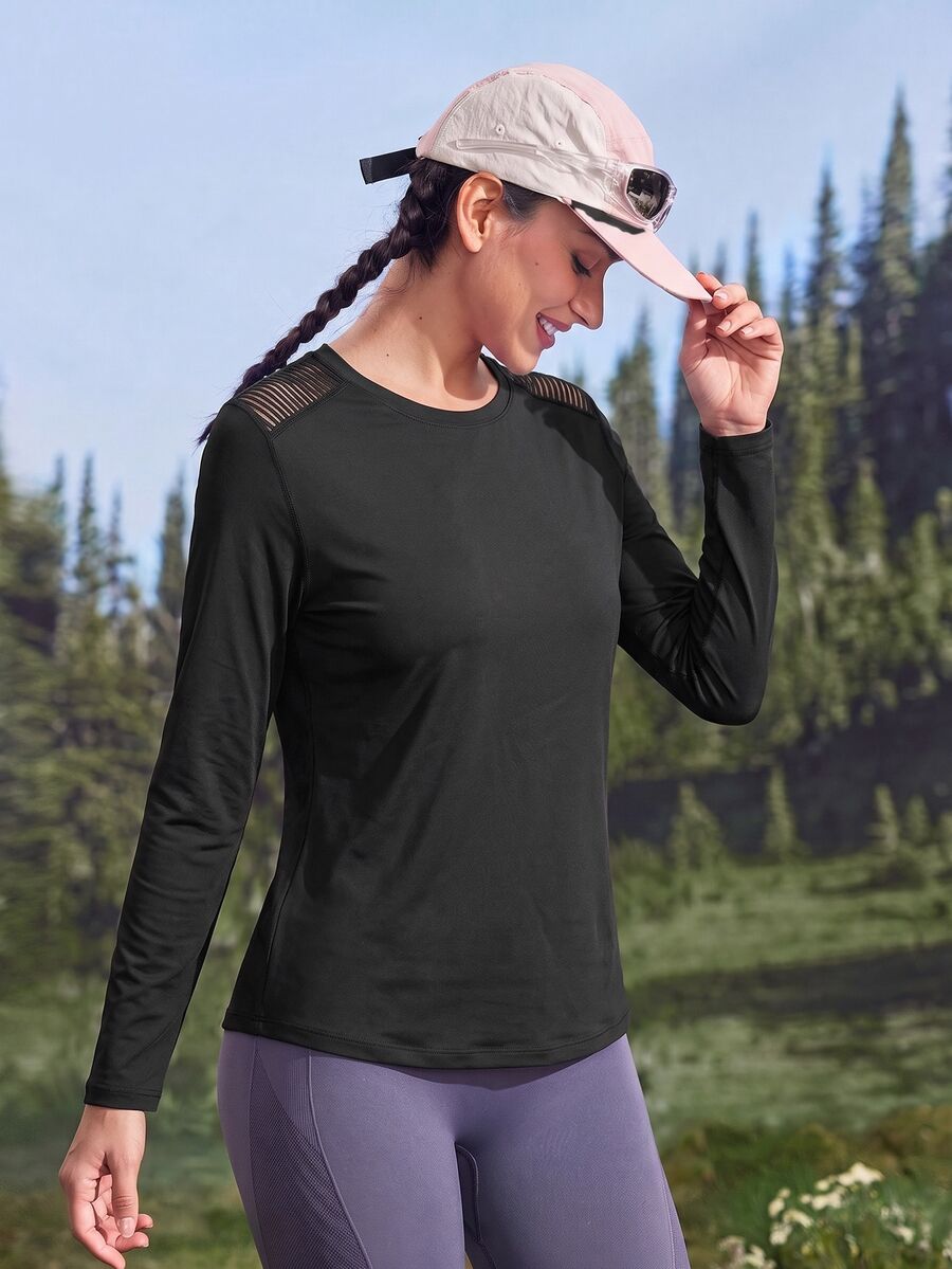 WanderVale Kaos Wanita Lengan Panjang Luar Ruangan Leher Bulat Potongan Belakang Bergaris Jala Warna Polos - Hitam - View 1