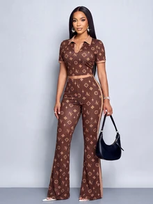 SOLERSUN Two Pieces Set Of Brown Printed Short-Sleeved Polo Shirt And Trousers With Contrasting Color Collar. Going Out Summer Streetwear Graphic - Coffee Brown - View 4