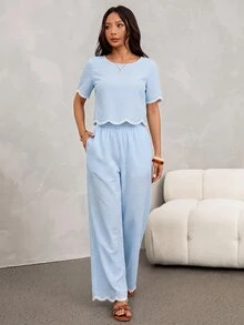 SHEIN PETITE 2件組女款夏季休閒黑白格紋對比色圓領短袖上衣與長褲套裝 - 淺藍色 - 查看 5