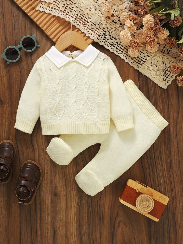 SHEIN Vintaside Kids Infant Fashion Gentleman Style Sweater Set, Peter Pan Collar Long Sleeve Top, Paired With Newborn Footed Pants, Simple Yet Stylish, A New Choice For Daily Wear, Let Your Baby Show Off Their Little Gentleman Charm