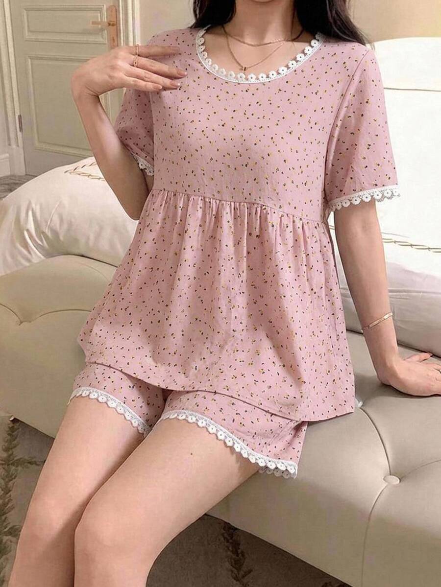 DAZY 女款花卉對比蕾絲短袖上衣與短褲睡衣套裝 秋季 - 粉色 - 查看 1