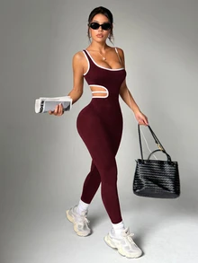 Dewbera Dewbera Women's One-Shoulder Side Waist Cutout Design Sports Jumpsuit - Red - View 5