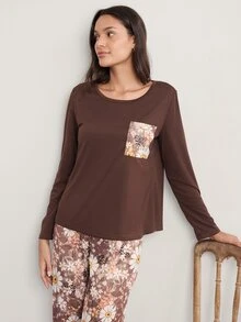 Doze Lane 2 Pieces Ditsy Floral Crew Neck Long Sleeve Casual Cottage Pajama Set Sleep Home Chocolate Brown Brown Floral Autumn - Brown - View 5