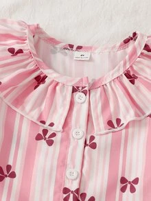 SHEIN 2-Piece Girls Toddler Cute Ruffle Lapel Long Sleeve & Long Pants Pink And White Striped Bow Print Comfy Lightweight Knit Autumn/Winter Pajamas - Baby Pink - View 7