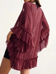 Bohemela Casual Solid Color Woven Ruffle Trim Oversized Women's Shirt - Rust Brown - View 2