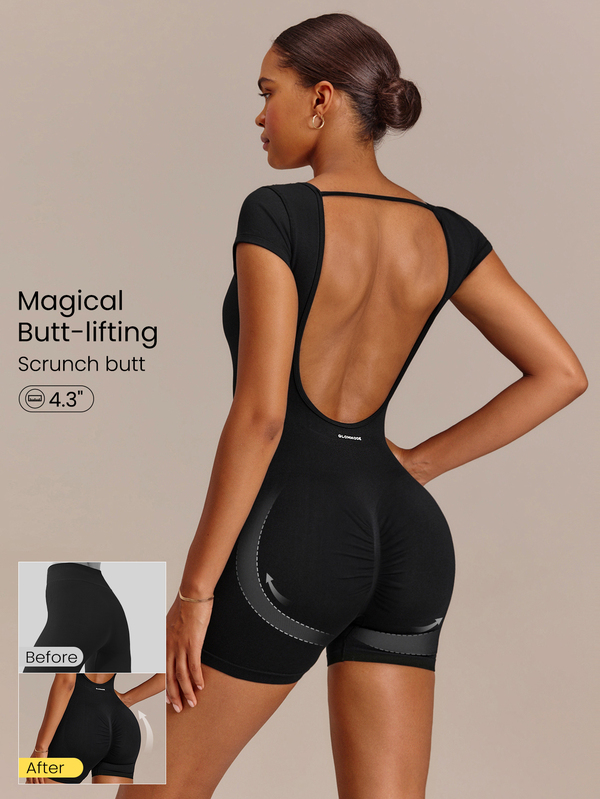 GLOWMODE 4.3" Second Skin Seamless Confident Glow Open Back Bodysuit With Scrunch Bum & Ribbed Waist Detail Low Impact Yoga Pilates Training Gym Fitness Wear
