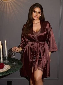 SilkySpell Brown Lace Patchwork Design Sexy Plus Size Women's Robe And Nightgown Set - Brown - View 4